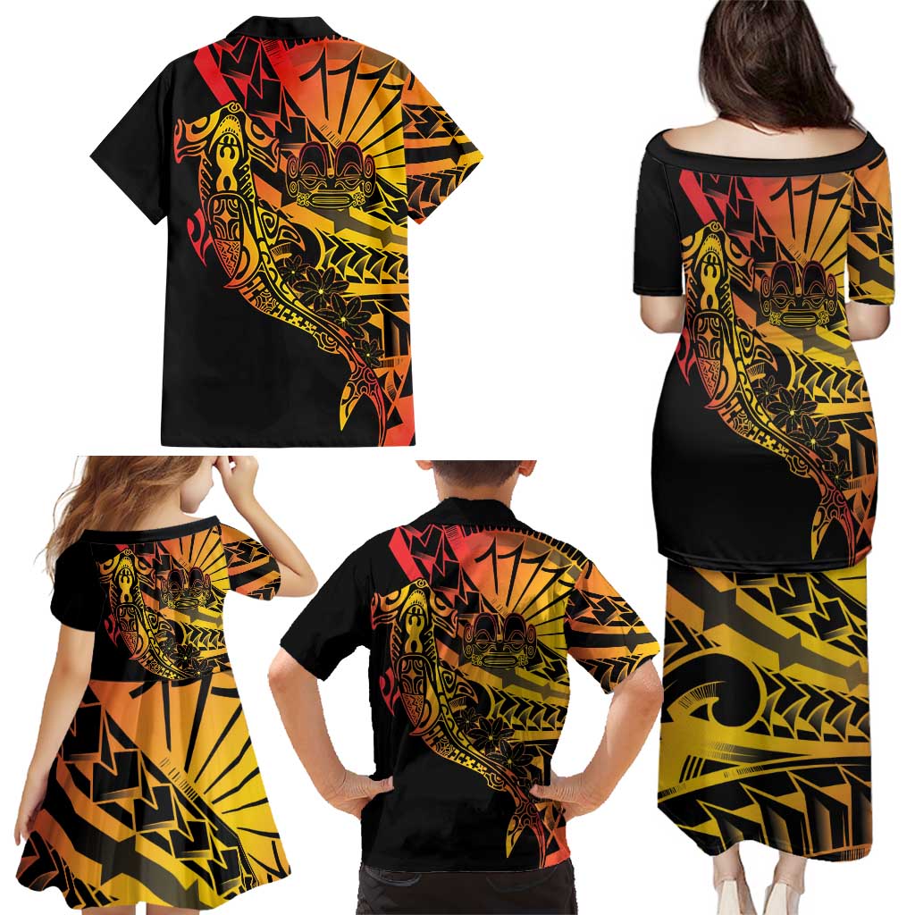 Gradient Marquesas Islands Family Matching Puletasi and Hawaiian Shirt Marquesan Matatiki Hammerhead Shark Patutiki - Polynesian Pride