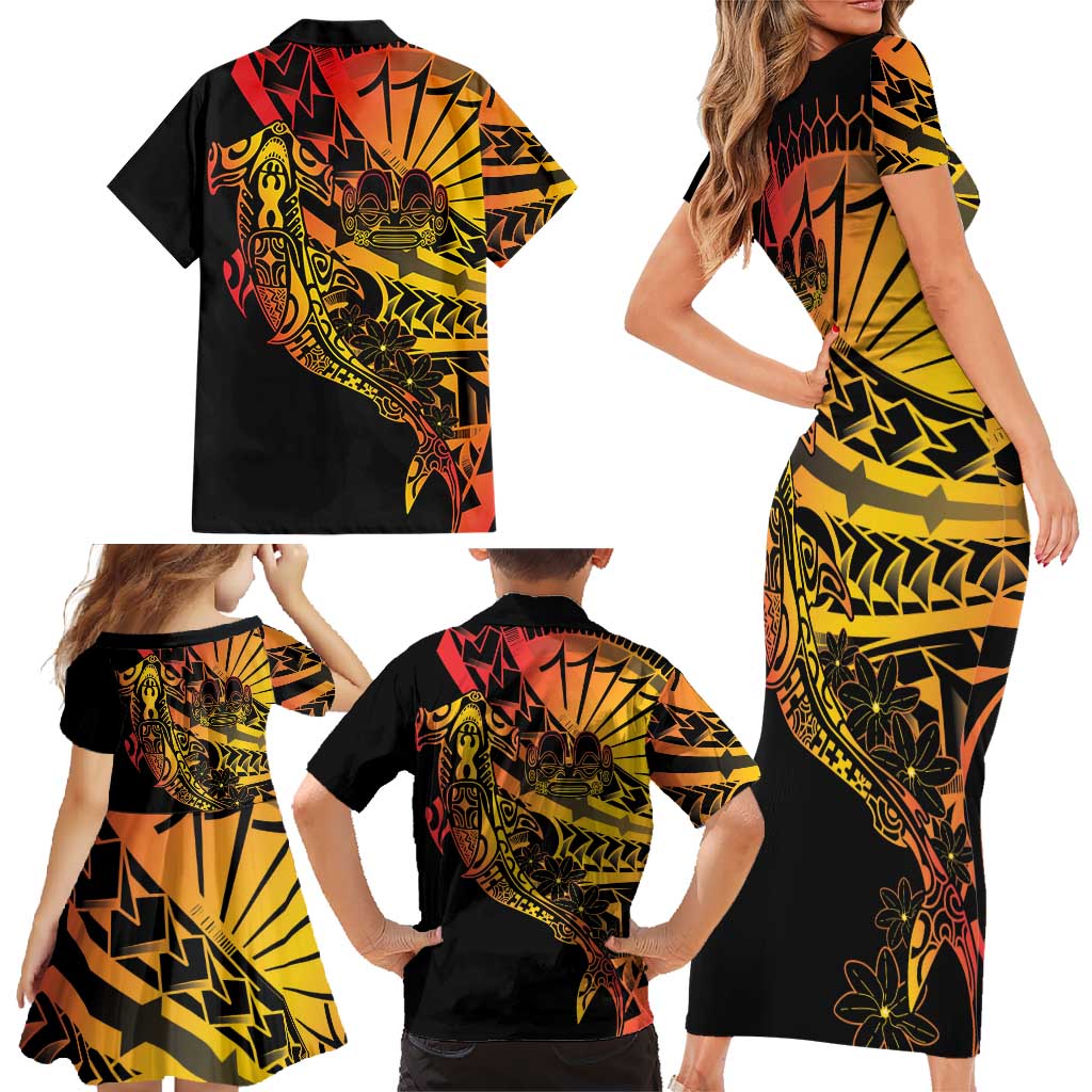 Gradient Marquesas Islands Family Matching Short Sleeve Bodycon Dress and Hawaiian Shirt Marquesan Matatiki Hammerhead Shark Patutiki - Polynesian Pride