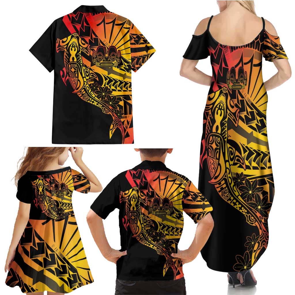 Gradient Marquesas Islands Family Matching Summer Maxi Dress and Hawaiian Shirt Marquesan Matatiki Hammerhead Shark Patutiki - Polynesian Pride