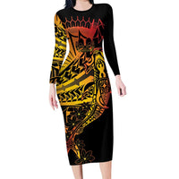 Gradient Marquesas Islands Long Sleeve Bodycon Dress Marquesan Matatiki Hammerhead Shark Patutiki - Polynesian Pride