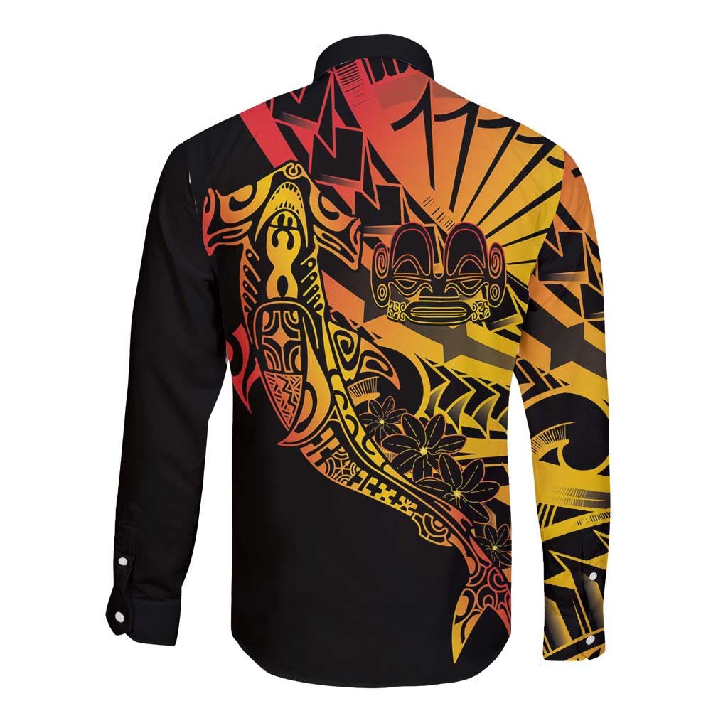 Gradient Marquesas Islands Long Sleeve Button Shirt Marquesan Matatiki Hammerhead Shark Patutiki - Polynesian Pride