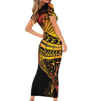 Gradient Marquesas Islands Short Sleeve Bodycon Dress Marquesan Matatiki Hammerhead Shark Patutiki - Polynesian Pride
