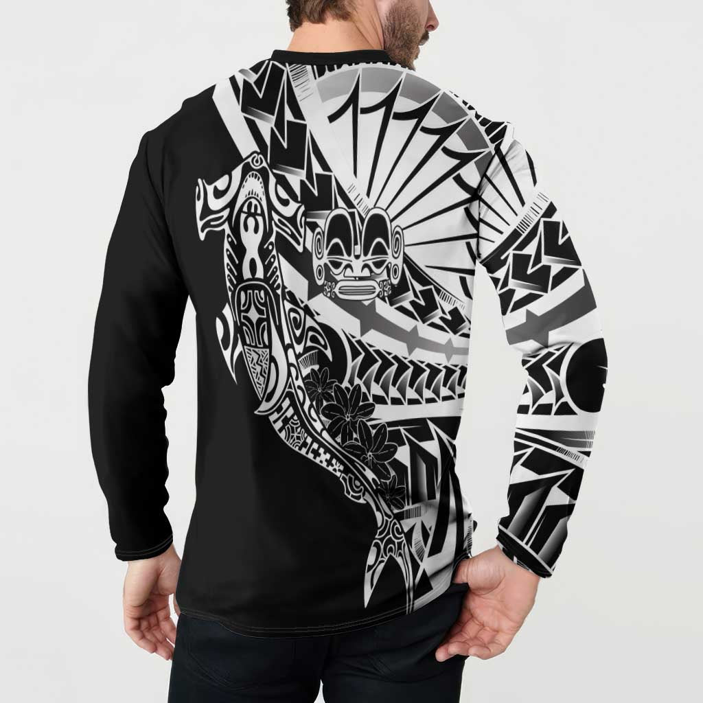 Black White Marquesas Islands Button Sweatshirt Marquesan Matatiki Hammerhead Shark Patutiki - Polynesian Pride