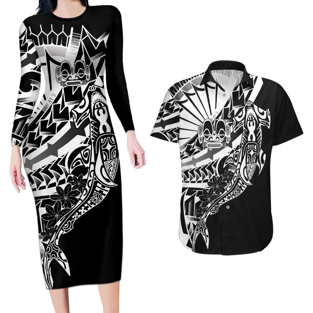Black White Marquesas Islands Couples Matching Long Sleeve Bodycon Dress and Hawaiian Shirt Marquesan Matatiki Hammerhead Shark Patutiki - Polynesian Pride
