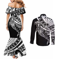 Black White Marquesas Islands Couples Matching Mermaid Dress and Long Sleeve Button Shirt Marquesan Matatiki Hammerhead Shark Patutiki - Polynesian Pride