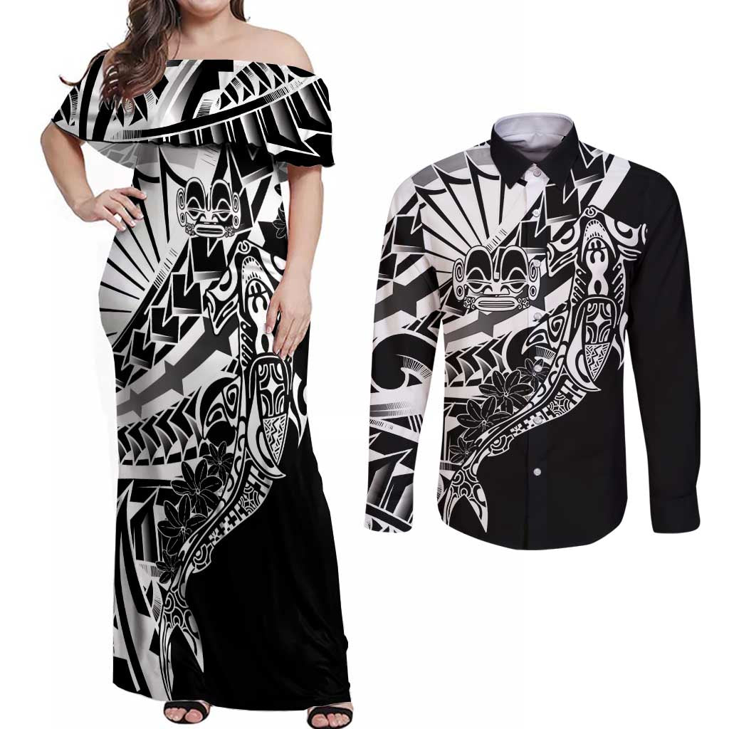 Black White Marquesas Islands Couples Matching Off Shoulder Maxi Dress and Long Sleeve Button Shirt Marquesan Matatiki Hammerhead Shark Patutiki - Polynesian Pride