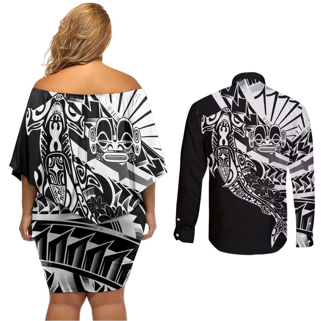 Black White Marquesas Islands Couples Matching Off Shoulder Short Dress and Long Sleeve Button Shirt Marquesan Matatiki Hammerhead Shark Patutiki - Polynesian Pride
