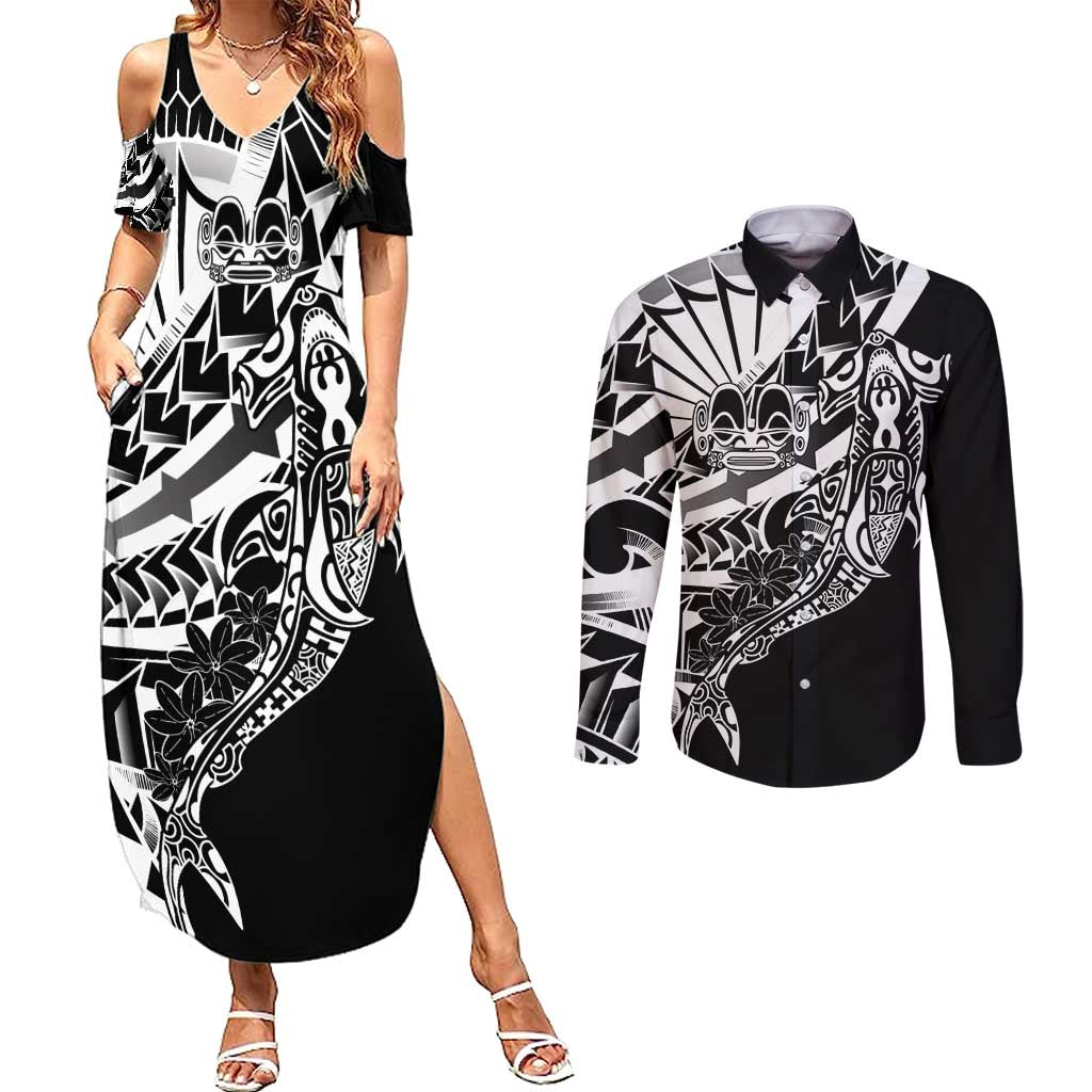 Black White Marquesas Islands Couples Matching Summer Maxi Dress and Long Sleeve Button Shirt Marquesan Matatiki Hammerhead Shark Patutiki - Polynesian Pride