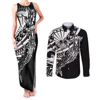 Black White Marquesas Islands Couples Matching Tank Maxi Dress and Long Sleeve Button Shirt Marquesan Matatiki Hammerhead Shark Patutiki - Polynesian Pride