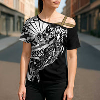 Black White Marquesas Islands Cross Shoulder Shirt Marquesan Matatiki Hammerhead Shark Patutiki - Polynesian Pride