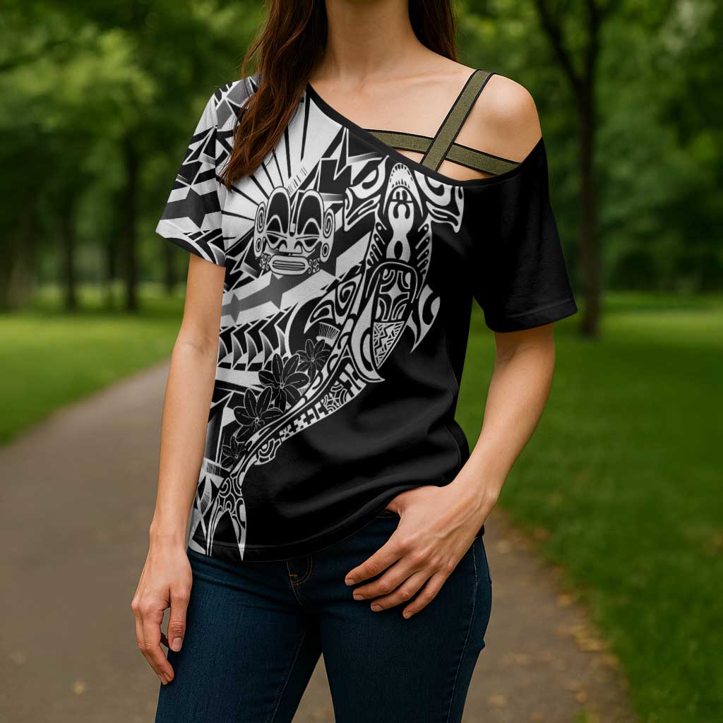 Black White Marquesas Islands Cross Shoulder Shirt Marquesan Matatiki Hammerhead Shark Patutiki - Polynesian Pride