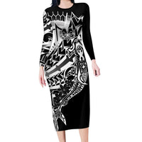 Black White Marquesas Islands Family Matching Long Sleeve Bodycon Dress and Hawaiian Shirt Marquesan Matatiki Hammerhead Shark Patutiki - Polynesian Pride