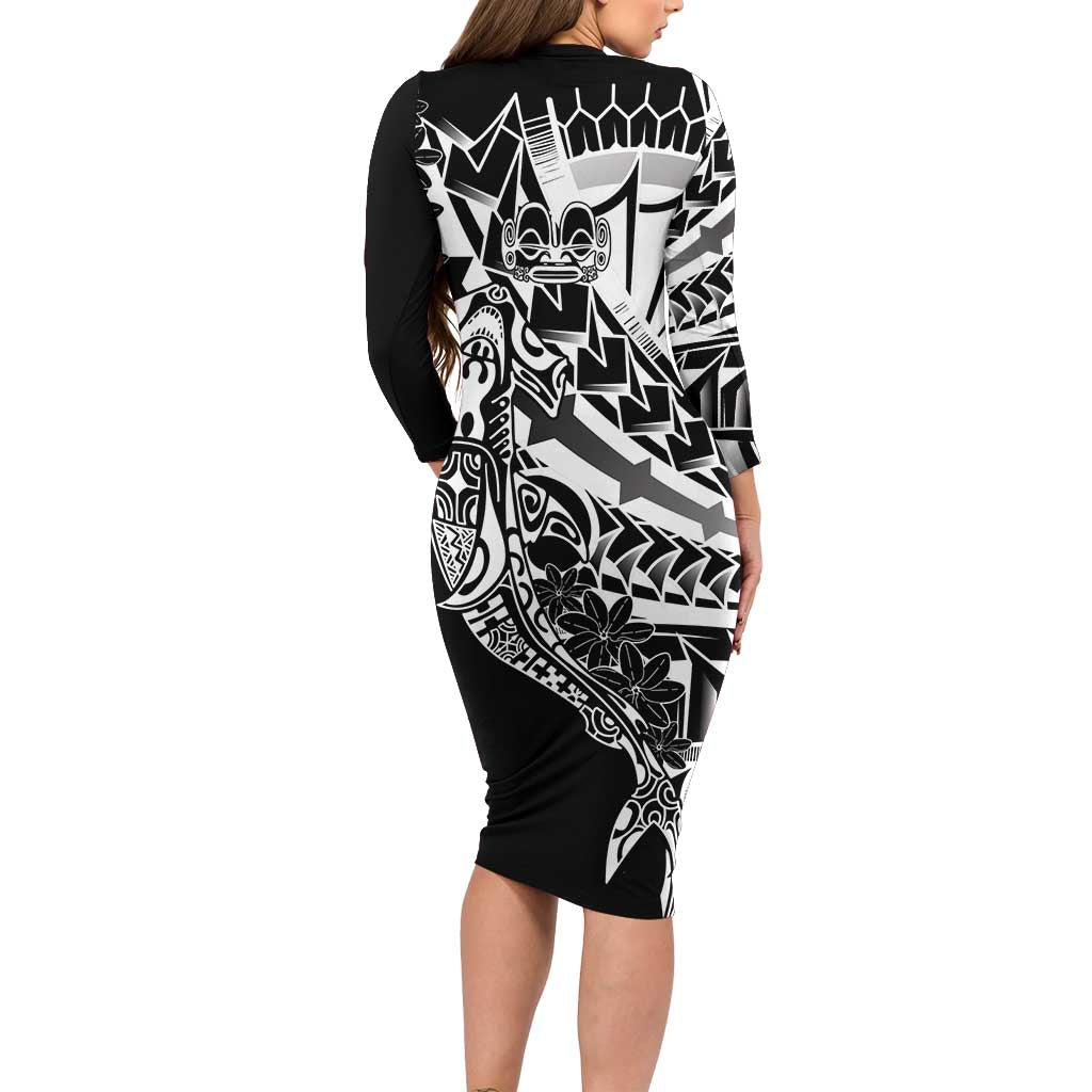 Black White Marquesas Islands Family Matching Long Sleeve Bodycon Dress and Hawaiian Shirt Marquesan Matatiki Hammerhead Shark Patutiki - Polynesian Pride