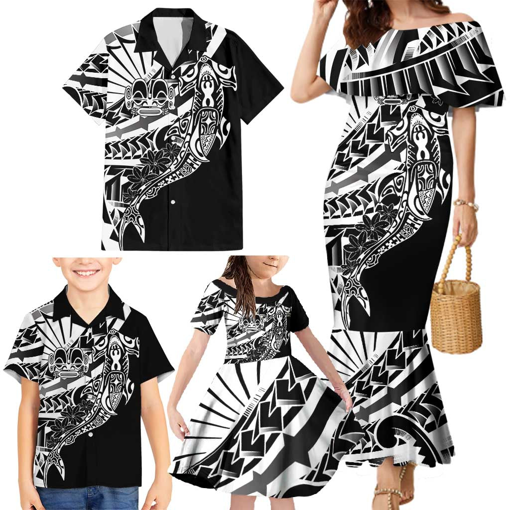 Black White Marquesas Islands Family Matching Mermaid Dress and Hawaiian Shirt Marquesan Matatiki Hammerhead Shark Patutiki - Polynesian Pride