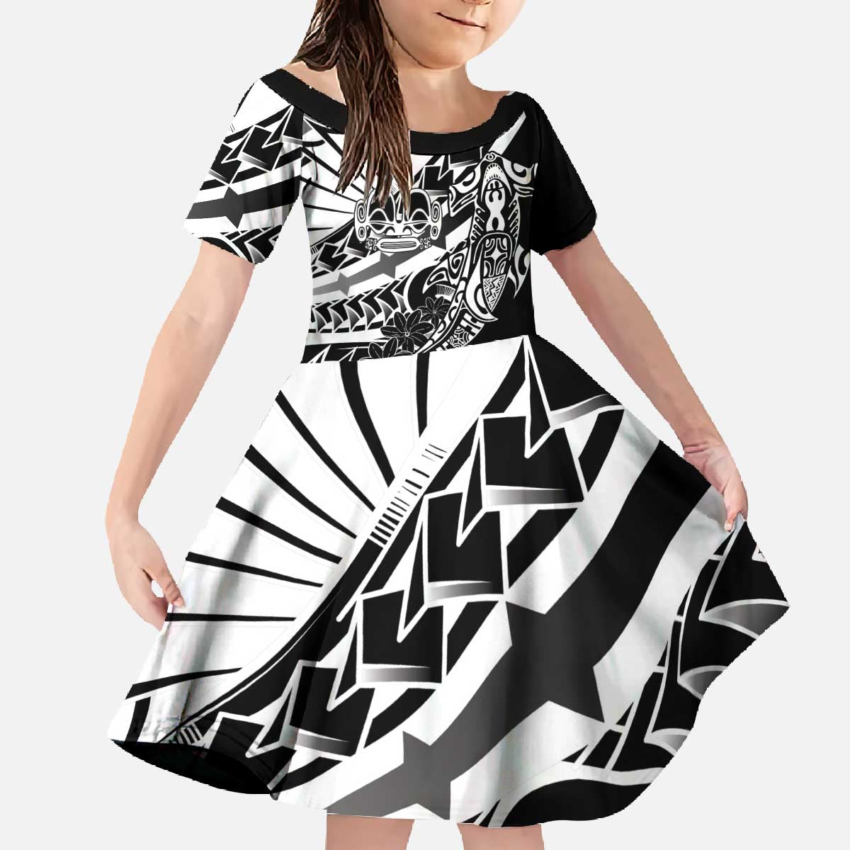 Black White Marquesas Islands Family Matching Off The Shoulder Long Sleeve Dress and Hawaiian Shirt Marquesan Matatiki Hammerhead Shark Patutiki - Polynesian Pride