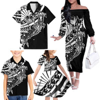 Black White Marquesas Islands Family Matching Off The Shoulder Long Sleeve Dress and Hawaiian Shirt Marquesan Matatiki Hammerhead Shark Patutiki - Polynesian Pride