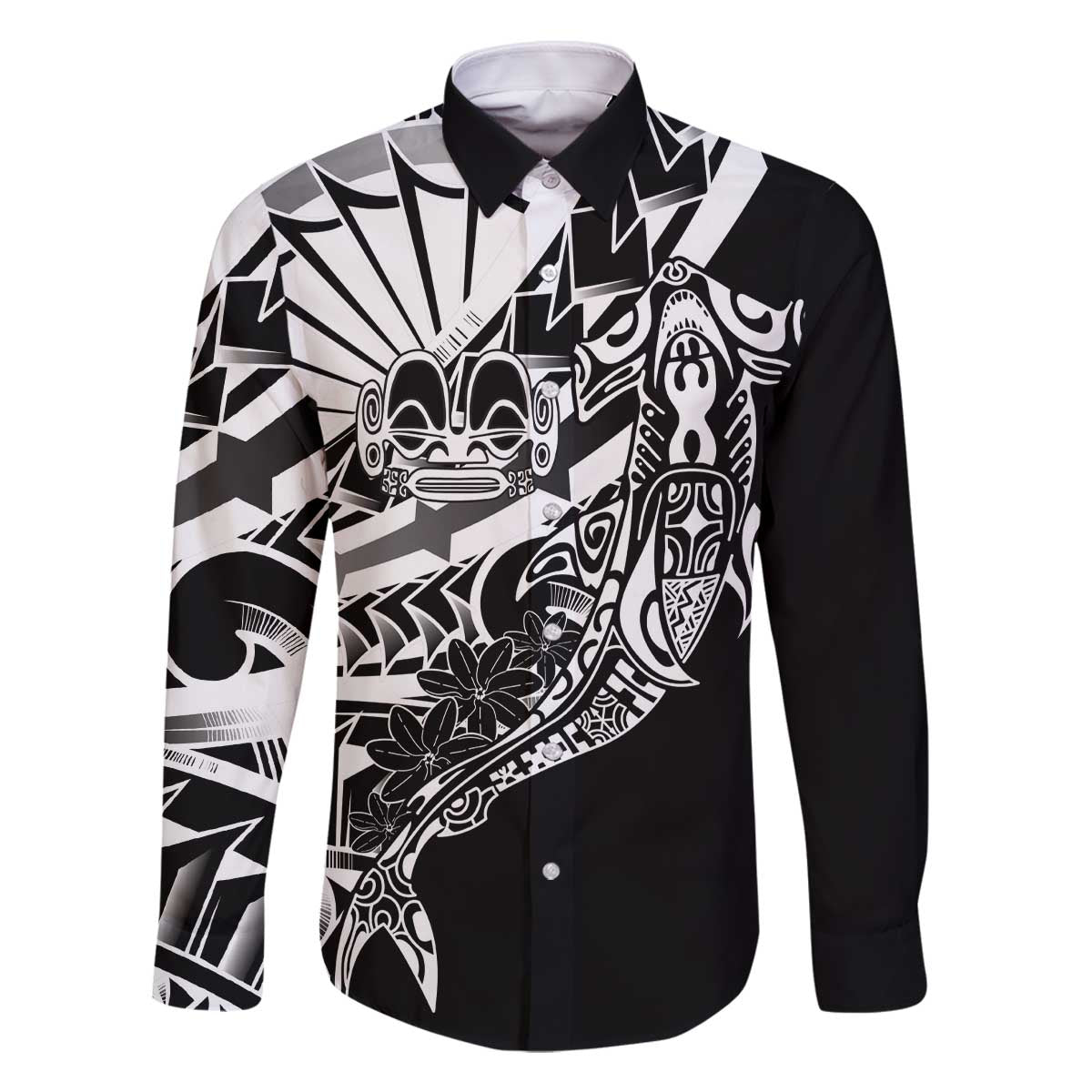 Black White Marquesas Islands Family Matching Off The Shoulder Long Sleeve Dress and Hawaiian Shirt Marquesan Matatiki Hammerhead Shark Patutiki - Polynesian Pride