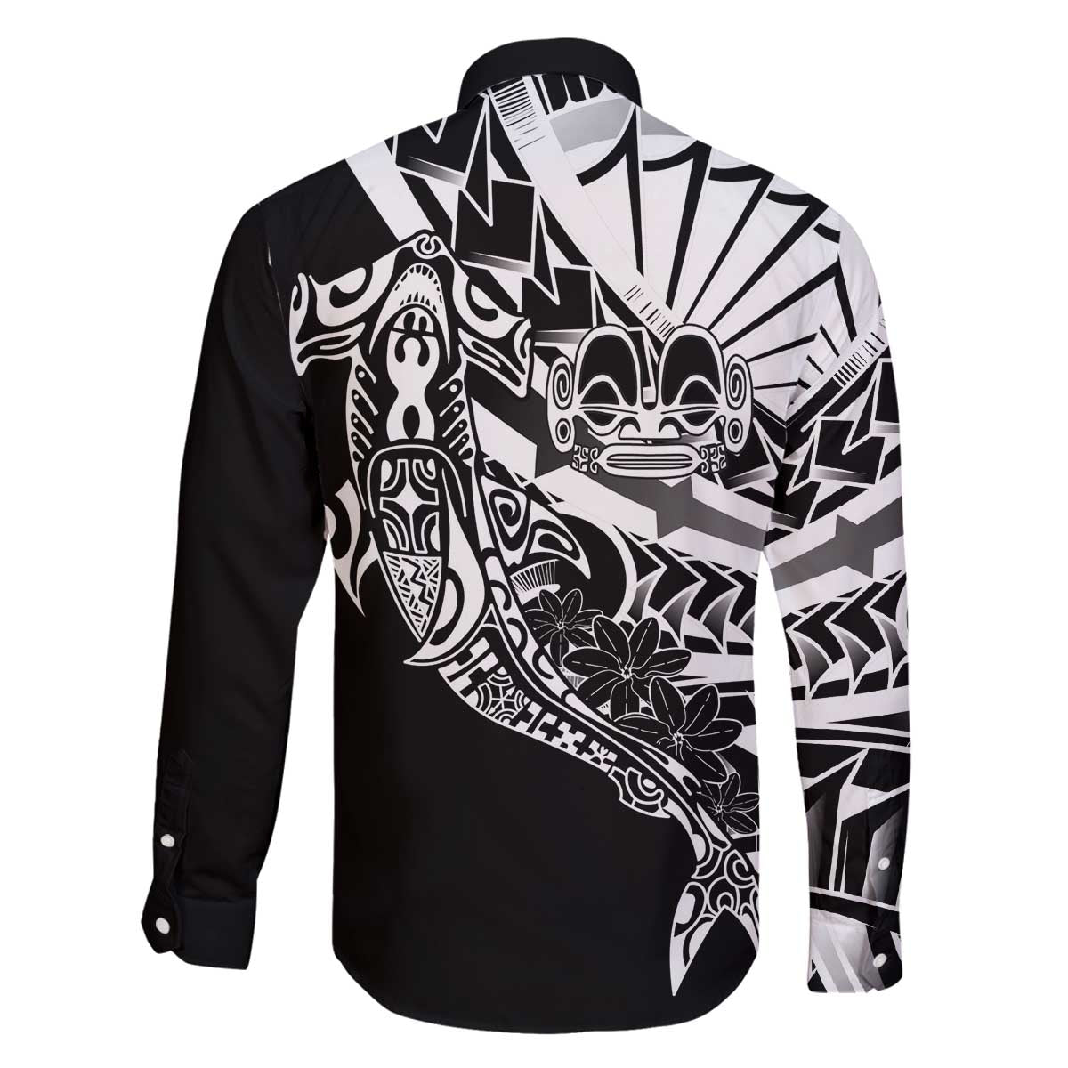 Black White Marquesas Islands Family Matching Off The Shoulder Long Sleeve Dress and Hawaiian Shirt Marquesan Matatiki Hammerhead Shark Patutiki - Polynesian Pride