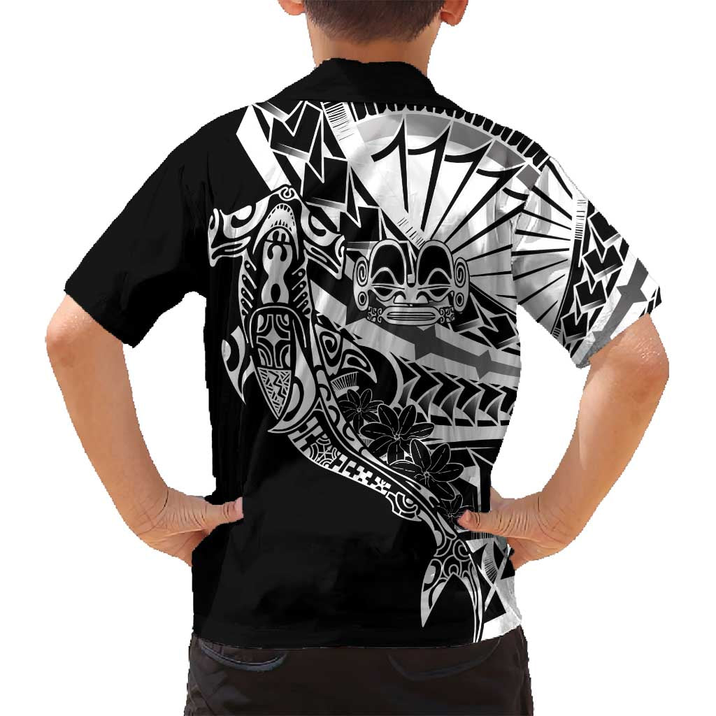 Black White Marquesas Islands Family Matching Off Shoulder Maxi Dress and Hawaiian Shirt Marquesan Matatiki Hammerhead Shark Patutiki - Polynesian Pride