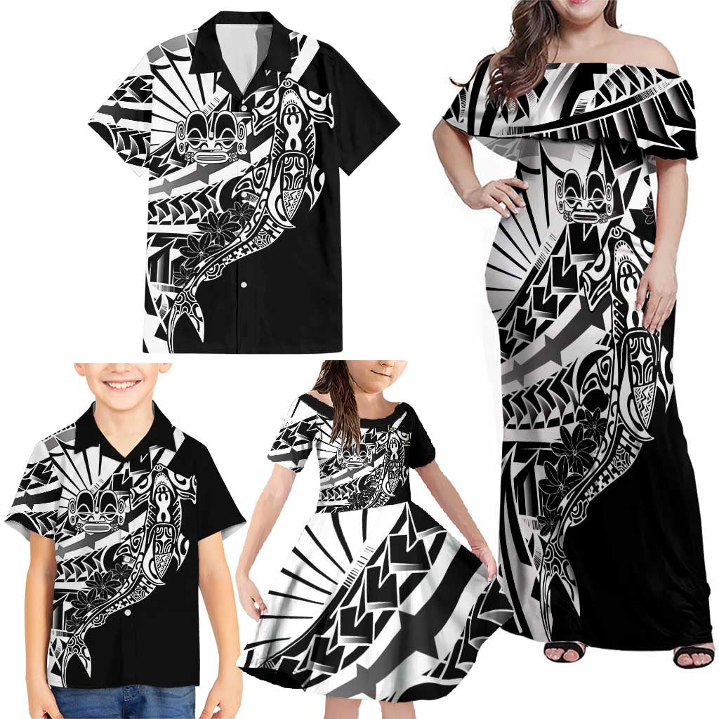 Black White Marquesas Islands Family Matching Off Shoulder Maxi Dress and Hawaiian Shirt Marquesan Matatiki Hammerhead Shark Patutiki - Polynesian Pride