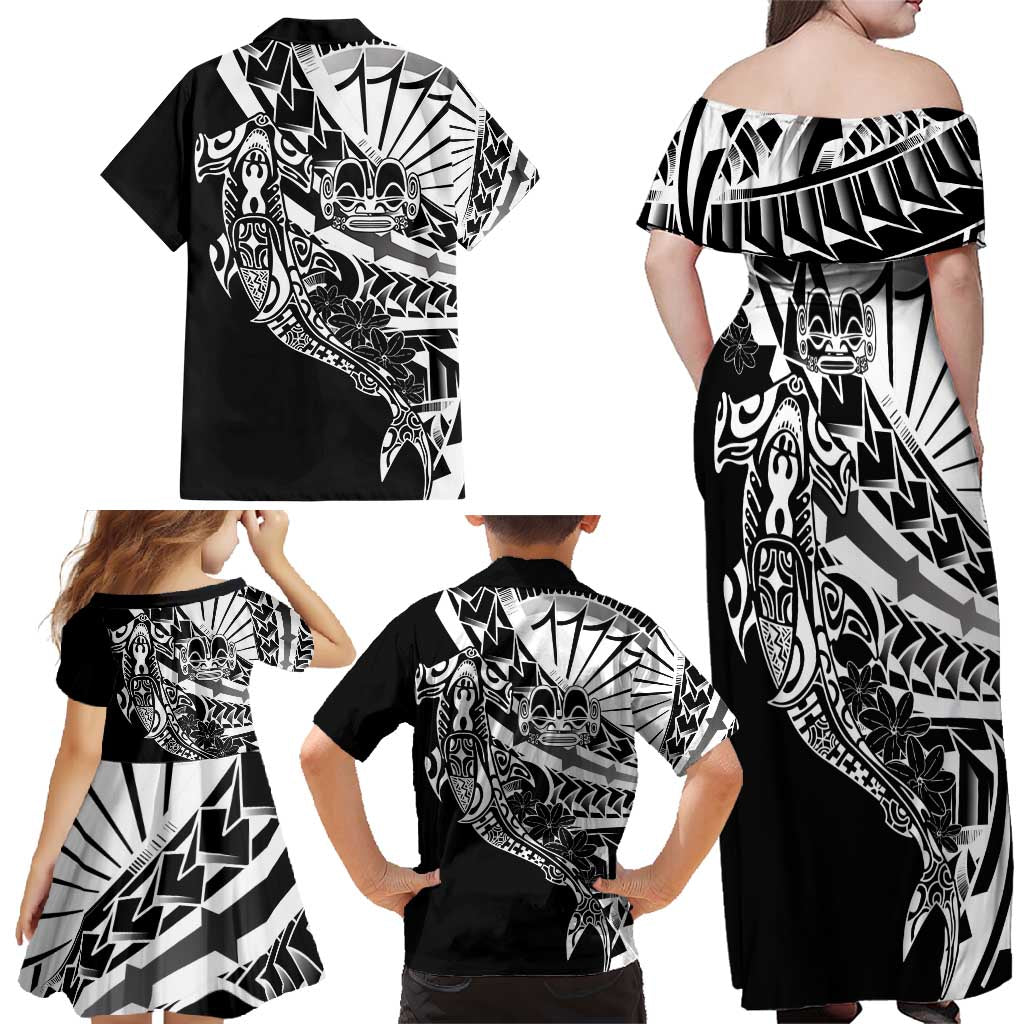 Black White Marquesas Islands Family Matching Off Shoulder Maxi Dress and Hawaiian Shirt Marquesan Matatiki Hammerhead Shark Patutiki - Polynesian Pride
