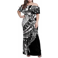 Black White Marquesas Islands Family Matching Off Shoulder Maxi Dress and Hawaiian Shirt Marquesan Matatiki Hammerhead Shark Patutiki - Polynesian Pride