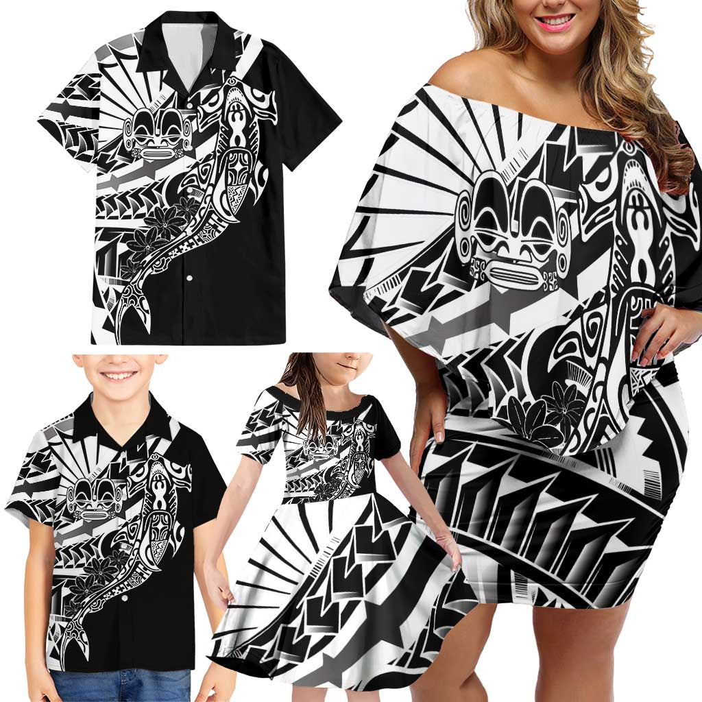 Black White Marquesas Islands Family Matching Off Shoulder Short Dress and Hawaiian Shirt Marquesan Matatiki Hammerhead Shark Patutiki - Polynesian Pride
