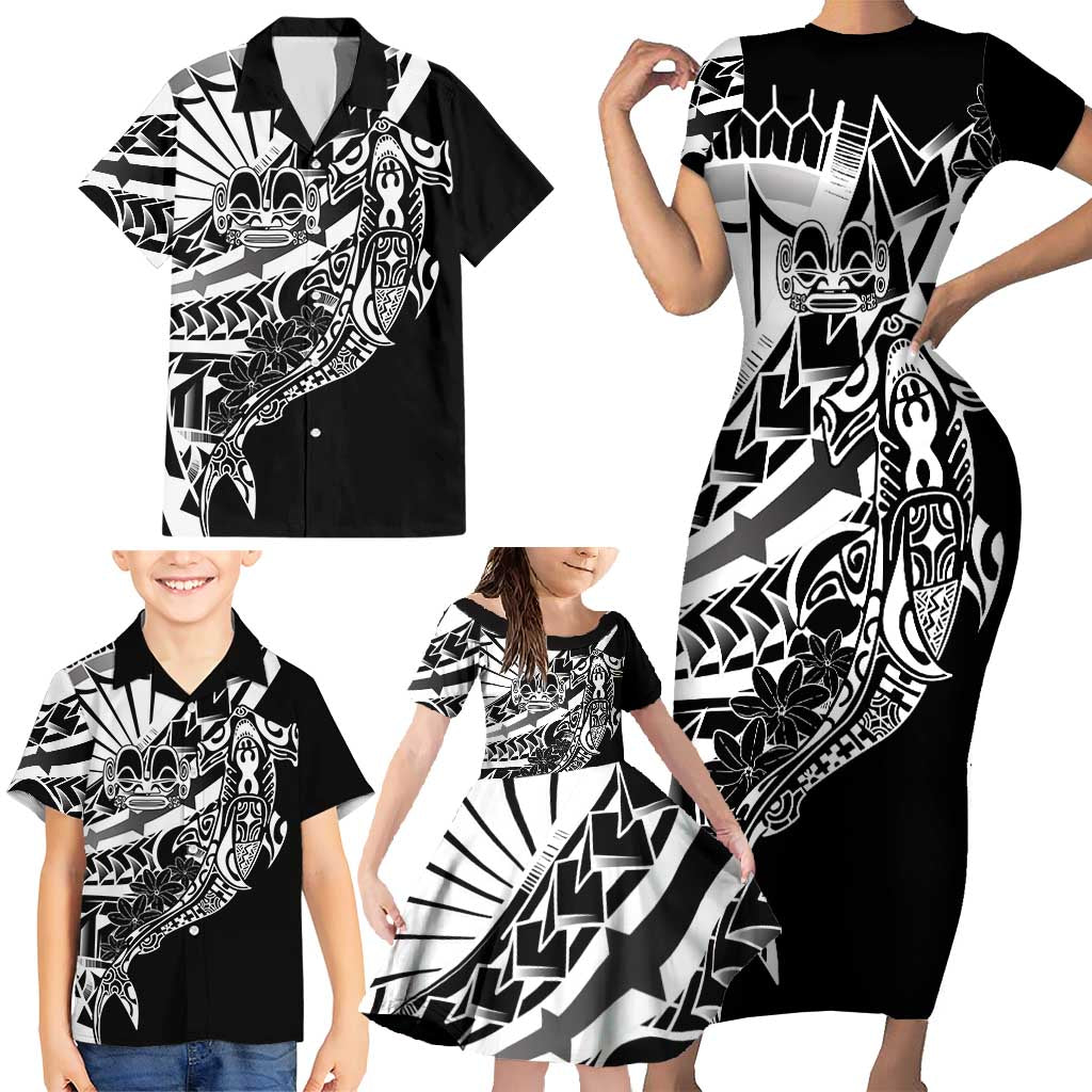 Black White Marquesas Islands Family Matching Short Sleeve Bodycon Dress and Hawaiian Shirt Marquesan Matatiki Hammerhead Shark Patutiki - Polynesian Pride