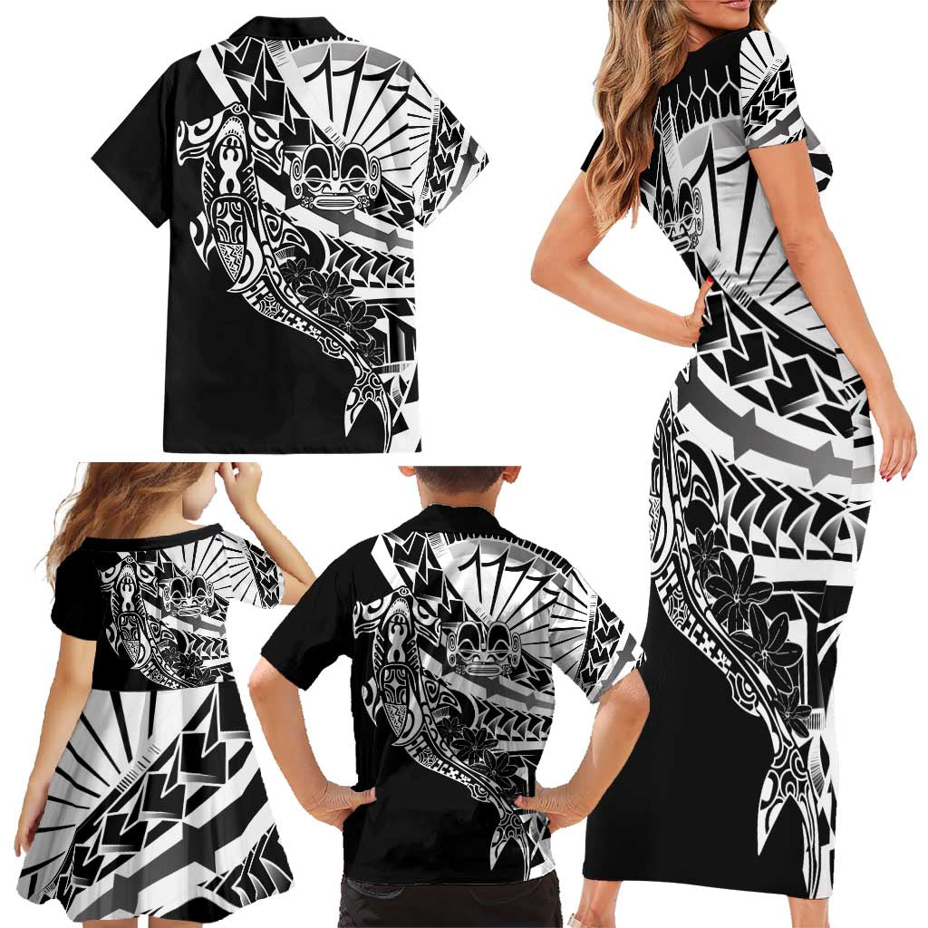 Black White Marquesas Islands Family Matching Short Sleeve Bodycon Dress and Hawaiian Shirt Marquesan Matatiki Hammerhead Shark Patutiki - Polynesian Pride