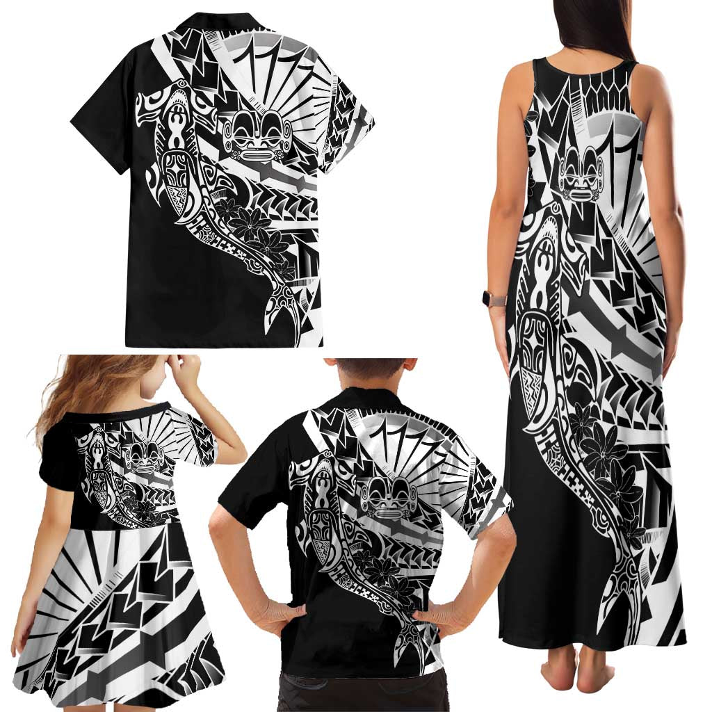 Black White Marquesas Islands Family Matching Tank Maxi Dress and Hawaiian Shirt Marquesan Matatiki Hammerhead Shark Patutiki - Polynesian Pride