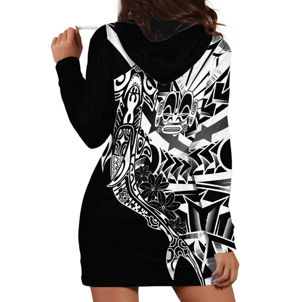 Black White Marquesas Islands Hoodie Dress Marquesan Matatiki Hammerhead Shark Patutiki - Polynesian Pride