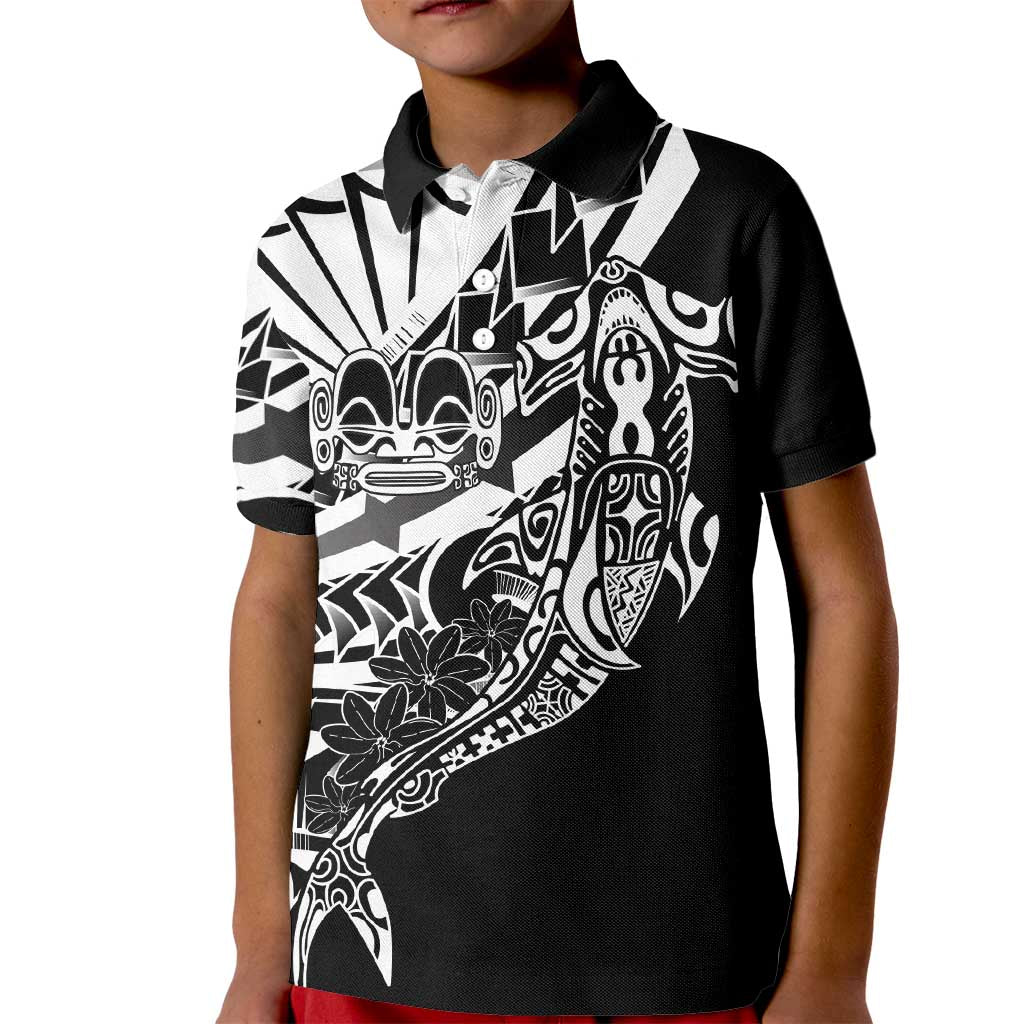 Black White Marquesas Islands Kid Polo Shirt Marquesan Matatiki Hammerhead Shark Patutiki - Polynesian Pride
