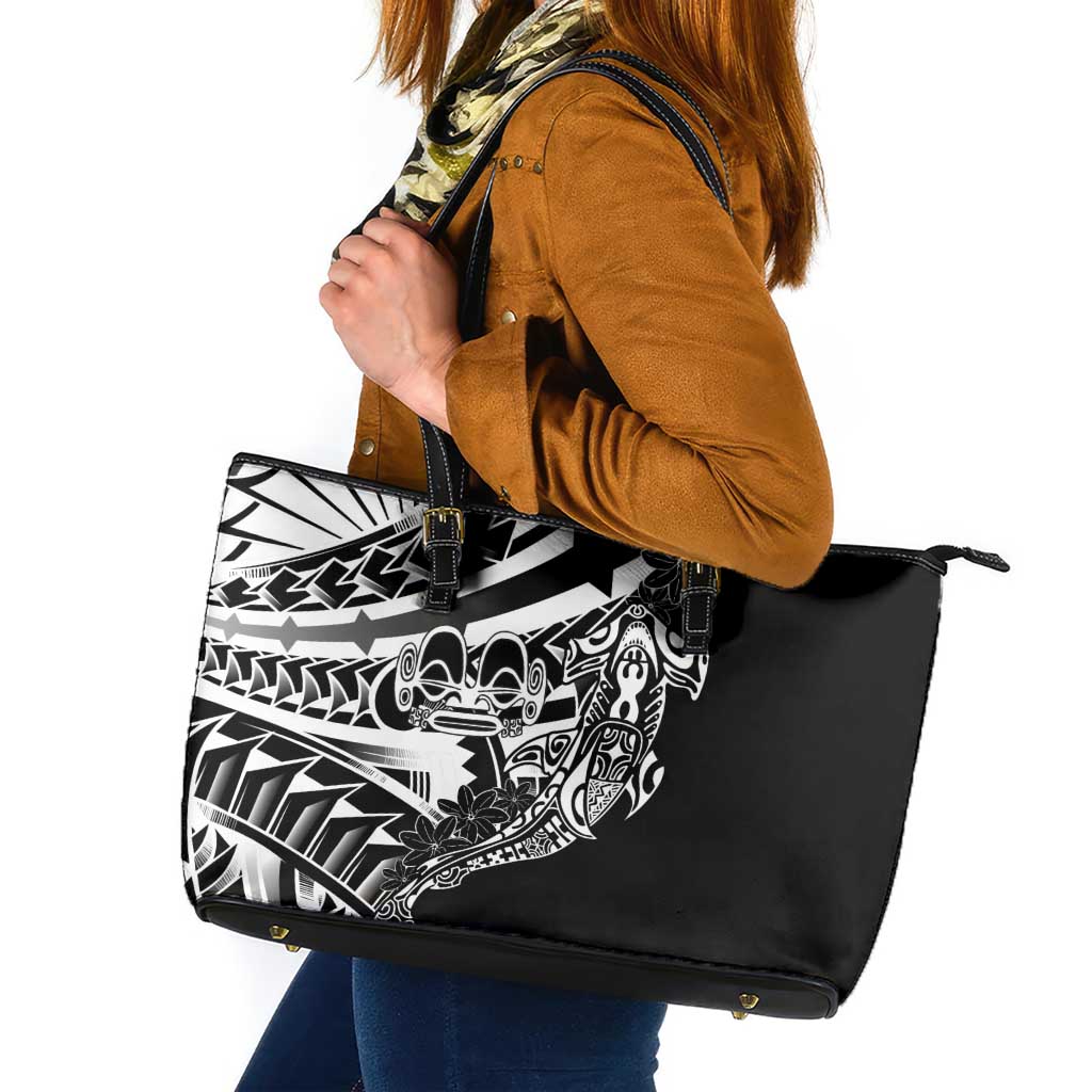 Black White Marquesas Islands Leather Tote Bag Marquesan Matatiki Hammerhead Shark Patutiki - Polynesian Pride