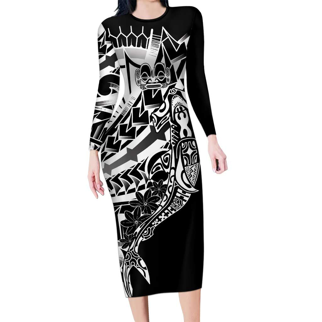 Black White Marquesas Islands Long Sleeve Bodycon Dress Marquesan Matatiki Hammerhead Shark Patutiki - Polynesian Pride