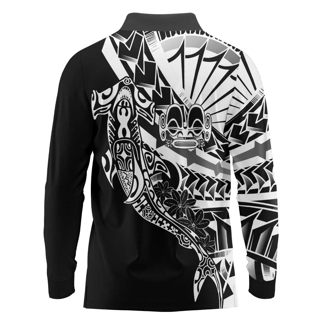 Black White Marquesas Islands Long Sleeve Polo Shirt Marquesan Matatiki Hammerhead Shark Patutiki - Polynesian Pride