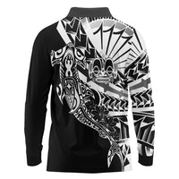 Black White Marquesas Islands Long Sleeve Polo Shirt Marquesan Matatiki Hammerhead Shark Patutiki - Polynesian Pride