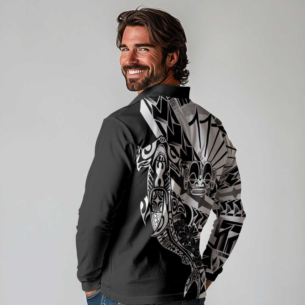 Black White Marquesas Islands Long Sleeve Polo Shirt Marquesan Matatiki Hammerhead Shark Patutiki - Polynesian Pride
