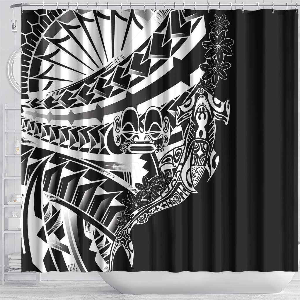 Black White Marquesas Islands Shower Curtain Marquesan Matatiki Hammerhead Shark Patutiki - Polynesian Pride