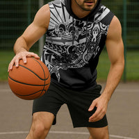 Black White Marquesas Islands Sleeveless Hoodie Marquesan Matatiki Hammerhead Shark Patutiki - Polynesian Pride