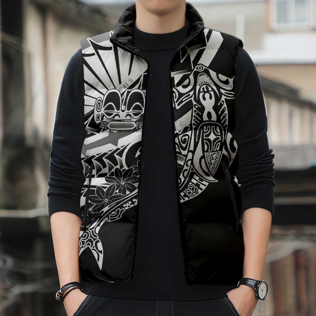 Black White Marquesas Islands Sleeveless Puffer Jacket Marquesan Matatiki Hammerhead Shark Patutiki - Polynesian Pride
