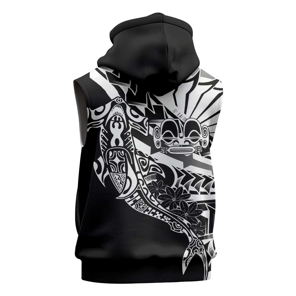 Black White Marquesas Islands Sleeveless Zip Hoodie Marquesan Matatiki Hammerhead Shark Patutiki - Polynesian Pride