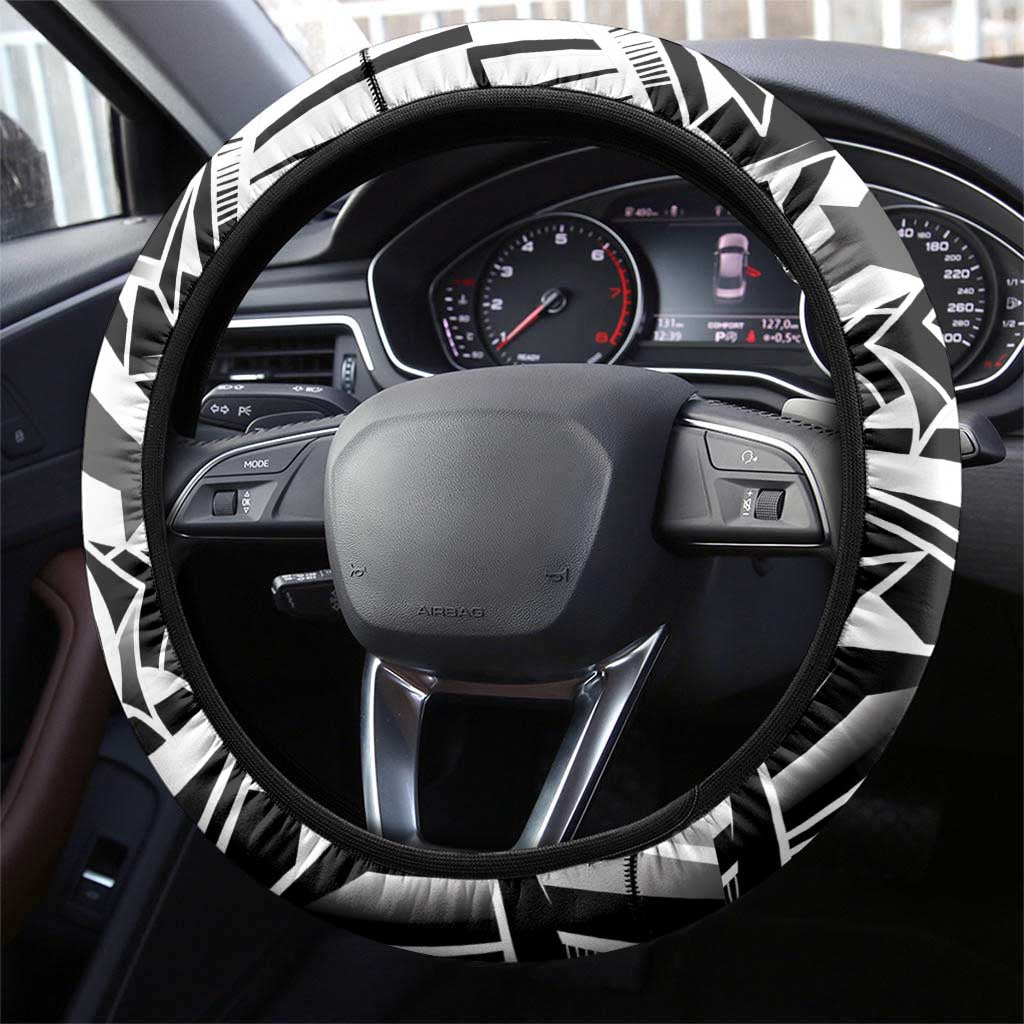Black White Marquesas Islands Steering Wheel Cover Marquesan Matatiki Hammerhead Shark Patutiki - Polynesian Pride