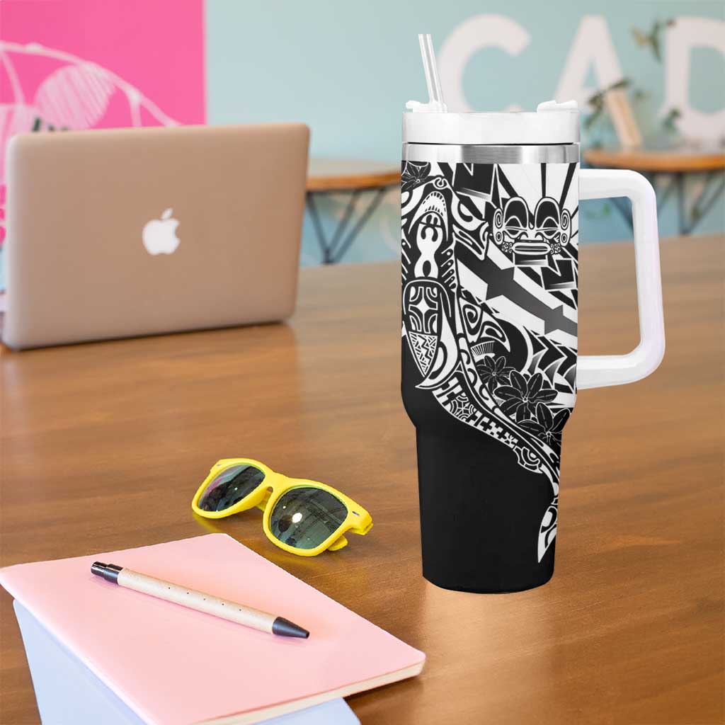 Black White Marquesas Islands Tumbler With Handle Marquesan Matatiki Hammerhead Shark Patutiki - Polynesian Pride