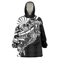 Black White Marquesas Islands Wearable Blanket Hoodie Marquesan Matatiki Hammerhead Shark Patutiki - Polynesian Pride
