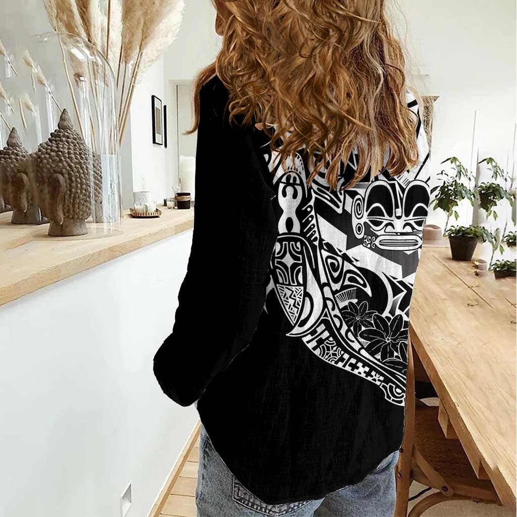 Black White Marquesas Islands Women Casual Shirt Marquesan Matatiki Hammerhead Shark Patutiki - Polynesian Pride