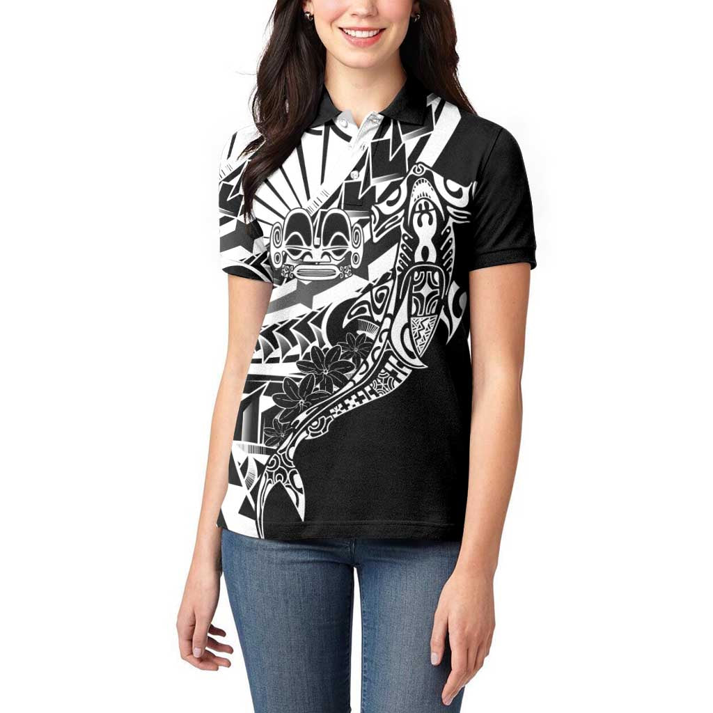 Black White Marquesas Islands Women Polo Shirt Marquesan Matatiki Hammerhead Shark Patutiki - Polynesian Pride