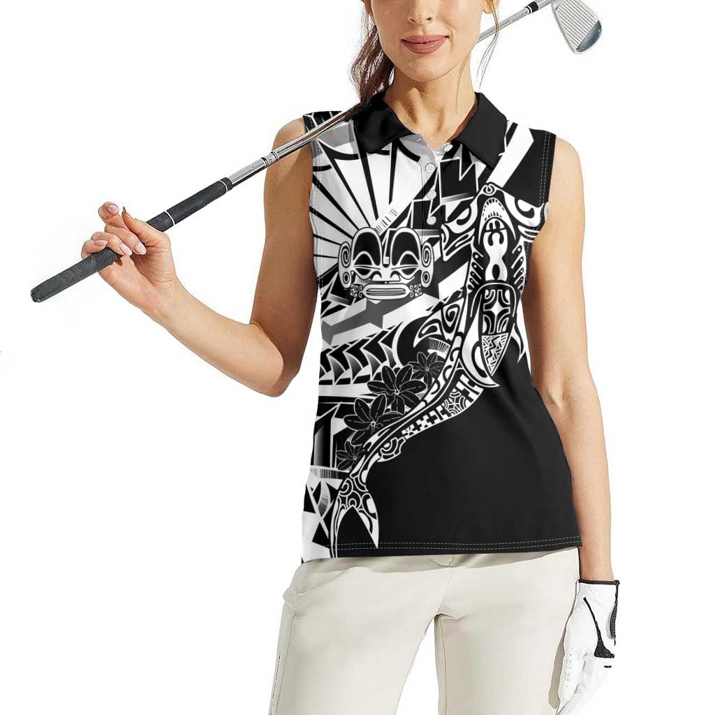 Black White Marquesas Islands Women Sleeveless Polo Shirt Marquesan Matatiki Hammerhead Shark Patutiki - Polynesian Pride