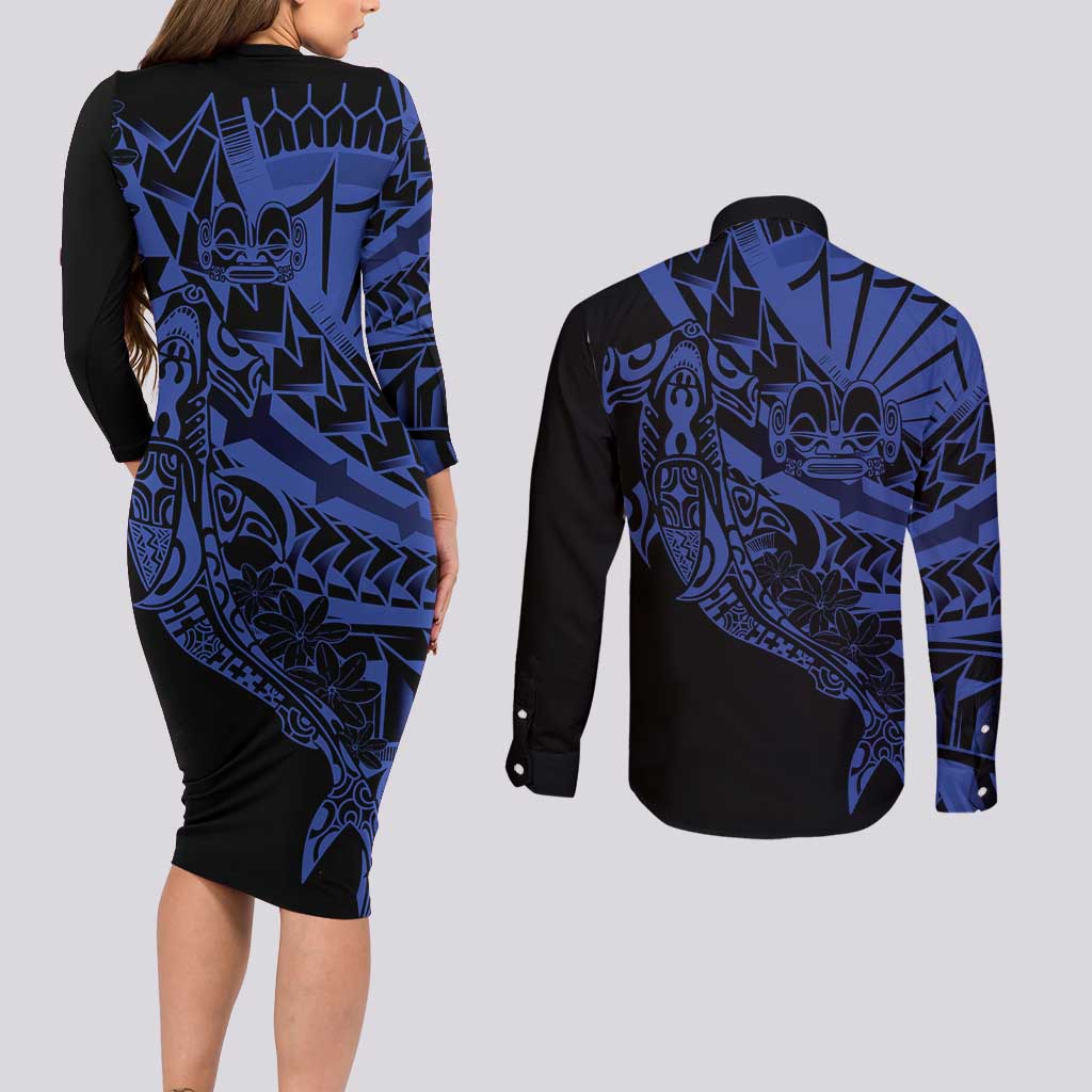 Blue Marquesas Islands Couples Matching Long Sleeve Bodycon Dress and Long Sleeve Button Shirt Marquesan Matatiki Hammerhead Shark Patutiki - Polynesian Pride