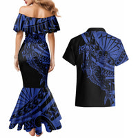 Blue Marquesas Islands Couples Matching Mermaid Dress and Hawaiian Shirt Marquesan Matatiki Hammerhead Shark Patutiki - Polynesian Pride