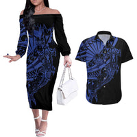 Blue Marquesas Islands Couples Matching Off The Shoulder Long Sleeve Dress and Hawaiian Shirt Marquesan Matatiki Hammerhead Shark Patutiki - Polynesian Pride